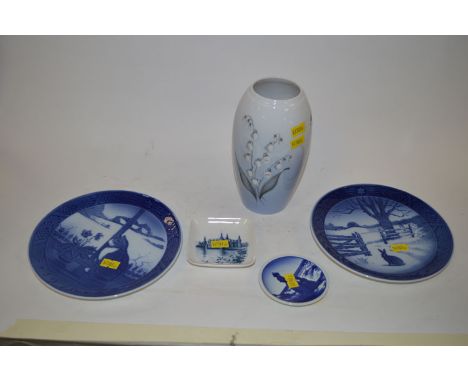A B. & G. Danish vase decorated a spray of Lily-of-the-Valley; together with two Danish Christmas plates 1970 and 1971; and t