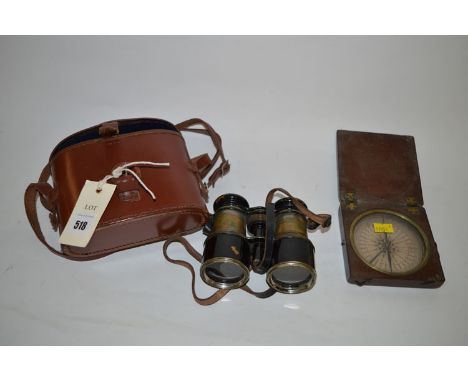 A 19th Century compass in folding mahogany case; together with a pair of old field glasses and leather case.