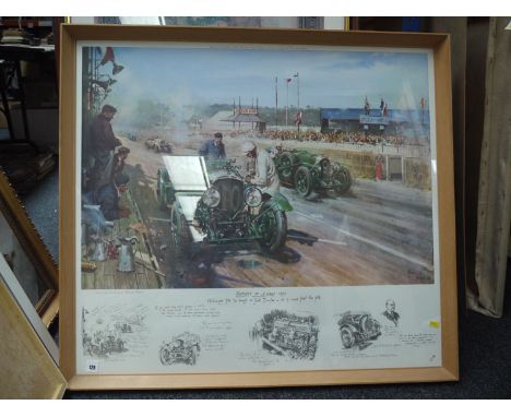 A limited edition colour print - "Bentleys at Le Mans, 1929...", published 1969 by Colourviews Ltd., Birmingham.