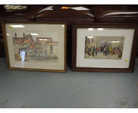 A watercolour - Farmyard scene, by R.D. Mills; a colour print - "Mr. Pickwick", after Cecil Aldin; and other prints, various.