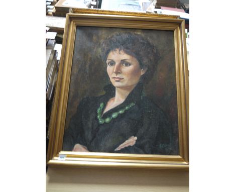 An oil painting - A portrait of a lady wearing a green necklace, signed Analise Clarke.