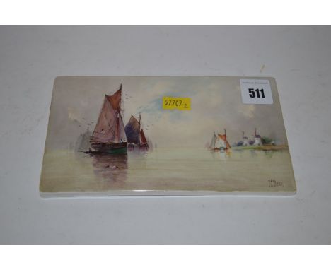 A rectangular ceramic tile decorated a Dutch scene with sailing boats, signed J.E. Dean.