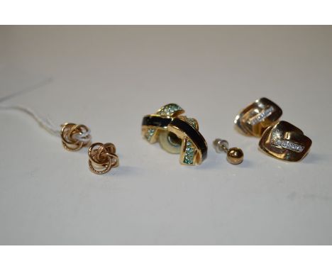 A quantity of earrings, to include: a pair of diamond set earrings of modern design, with a row of five diamonds set to each;