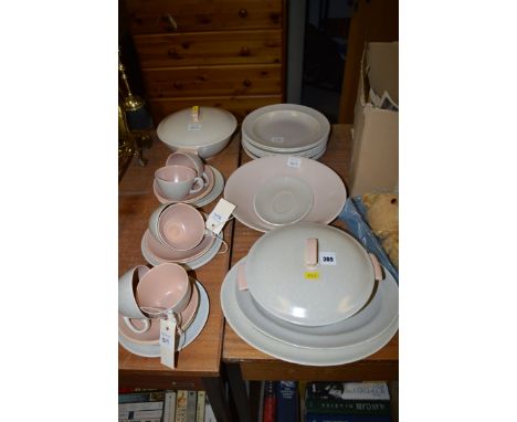 A Poole ware part dinner and tea service in mottled beige and pink.