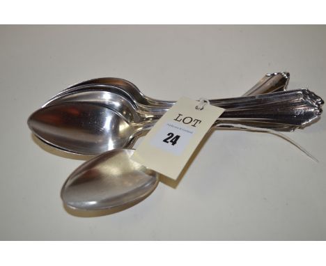 A set of six German silver table spoons, 800 standard, by Watty, engraved initial "S" to each finial.
