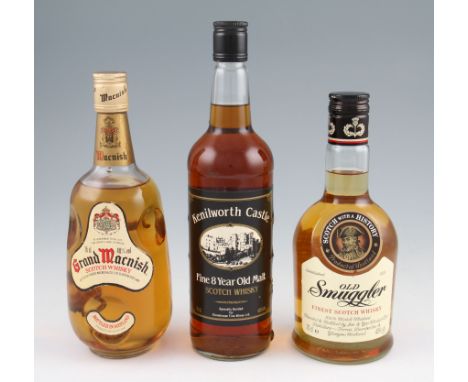 3 bottles of Whisky. 1 Old Smuggler 40% 70cl, 1 Kenilworth Castle Fine 8 year old Malt 40% 75cl, 1 Grand Macnish Scotch Whisk