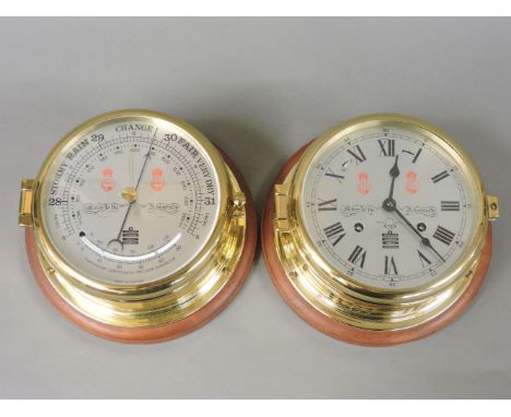 A modern brass ship's clock and barometer, after 19th century originals, by Sewills