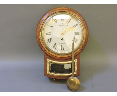 A drop dial wall clock, the 7.5in painted dial inscribed 'LMS - R Jones & Co, London', with single fusee movement, back plate