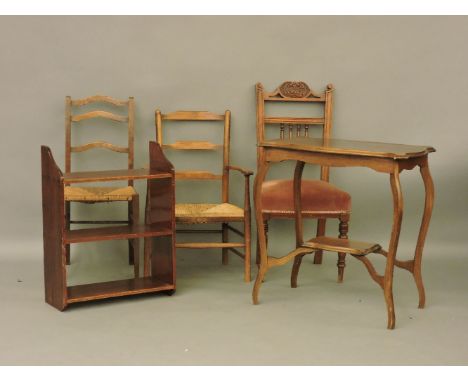 A George V occasional table, a wall mounted shelf unit, a child's rush seated chair, and three others