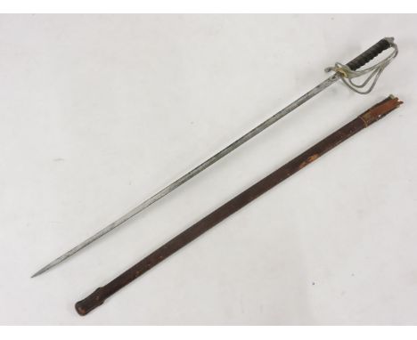 A George V officer's sword, with leather scabbard, the etched blade inscribed Moss Bros