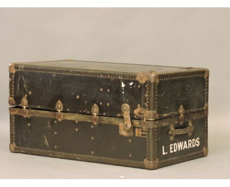 A 1920s fitted cabin trunk, by The Oshkosh Trunk Co, 52cm high, 107cm wide