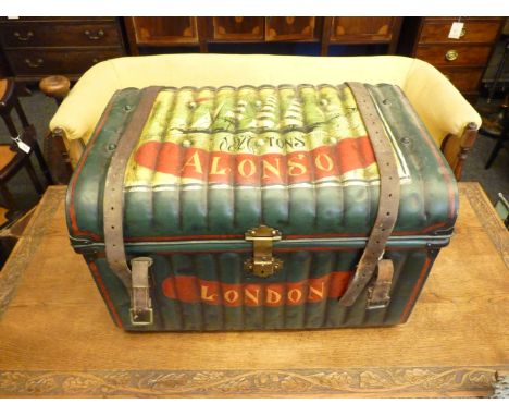 A 19th century trunk, later painted with a three masted vessel, titled 'Olonso', with brass locking mechanism and leather str