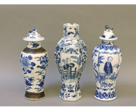 Three Chinese blue and white vases, one hexagonal, two with covers, two with pseudo Kangxi marks, chips, highest 23cm