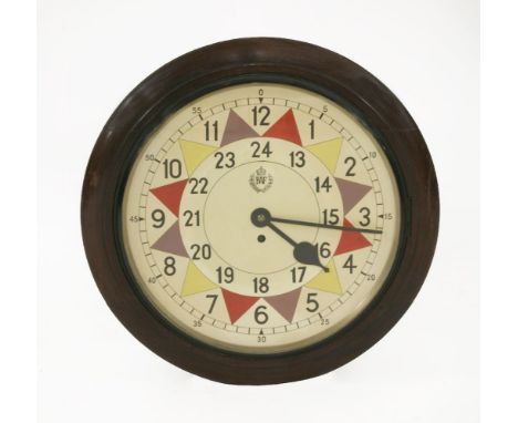 A circular dial wall clock, backplate stamped '5460 Made by F W Elliott Ltd, England, 1938', with brass pendulum and key, the