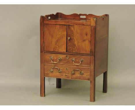 A George III tray top commode, gallery top over cupboards and drawer, 54cm wide