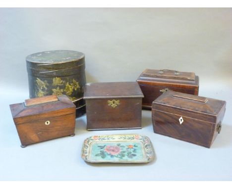 Two George III caddies, one with shell inlaid interior, a rosewood caddy, a mahogany box, a painted and lidded circular folk 