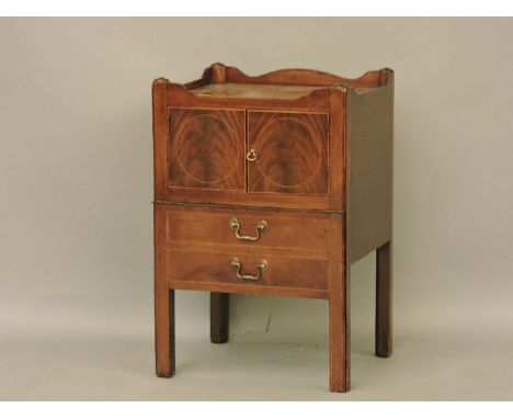 A Georgian mahogany tray top commode, three quarter gallery top over cupboard and single drawer, 50cm wide