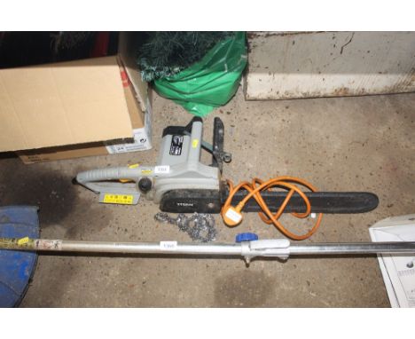 A Titan TTB355CHM electric chainsaw with protective chain guard and spare chain