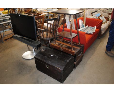 A wooden dome top box, a wooden and metal bound trunk and an oak two tier table