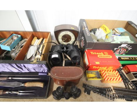 A pair of Telstar binoculars, a Pair of Miranda 7 x 50 binoculars and a Smiths 2 hole mantle clock 