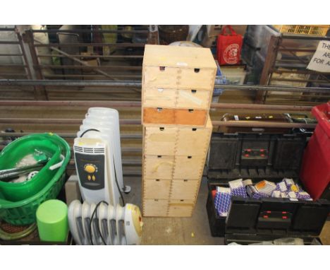 Two wooden storage cabinets with a quantity of tools, fixings etc