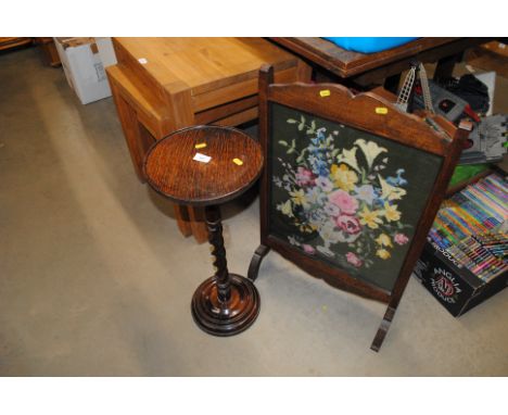 An oak and barley twist side stand together with an oak needlework fire screen