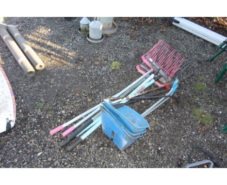A quantity of various garden tools including rakes, long handled dustpans etc 