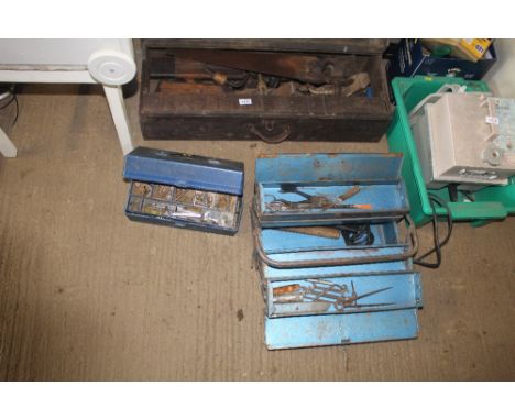 A metal cantilever toolbox and contents of some tools 