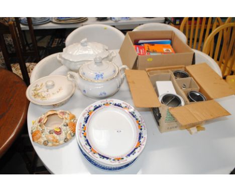 A collection of various china; to include tureens, Sylvac vase, Kenwood shredder and slicer and a box of mounts and ephemera