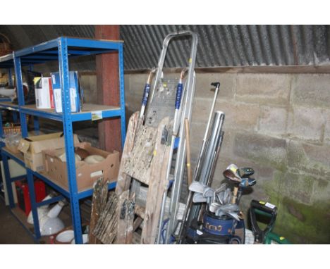 An aluminium stepladder and two wooden stepladders, a projector screen etc.