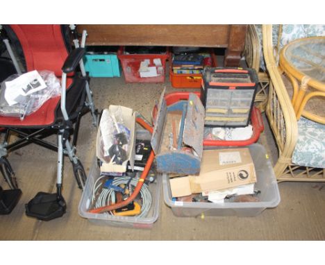 Three boxes containing various tools including a metal tool box with contents of spanners, bow saw, drain snake, hammers, sma