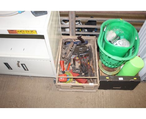 A box containing various tools including a small bench vice, Paramo smoothing plane, a combination plane, a sander, handbrace