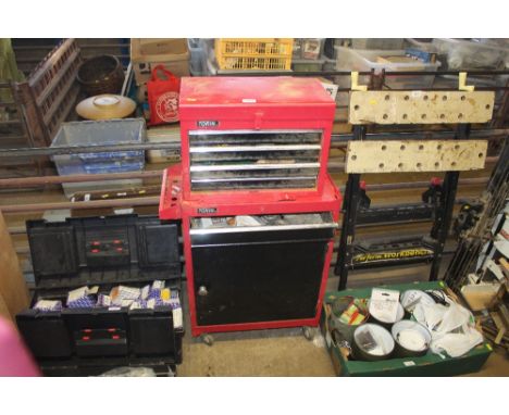 A Torin metal workshop cabinet and a Torin four drawer workshop cabinet with quantity of various tools and fixings etc 