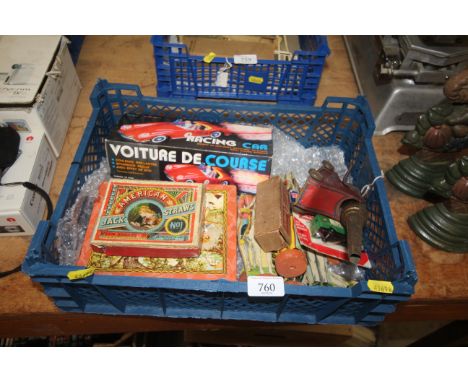 A box of vintage toys including tin plate racing car, cannon etc 
