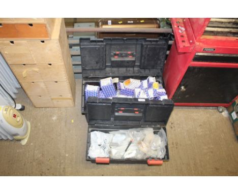 Two plastic tool boxes and contents of various assorted screws, fixings, plates etc
