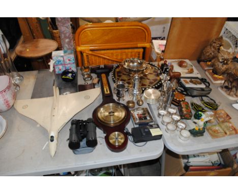 A quantity of silver plated items; barometer; onyx eggs and dishes; Murano type fish; a pair of Ranger 8 x 30 binoculars; a m
