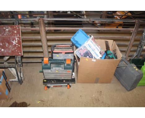 A Black & Decker jobber, two plastic tool chests with assorted fixings and screws, a pond fish feeder, a handheld Bosch cordl