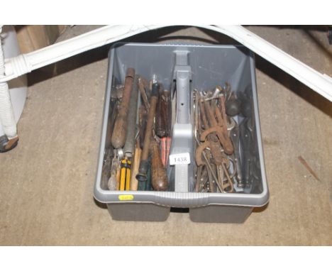 A plastic Wham two compartment basket and contents of various tools including spanners, measuring callipers, screwdrivers etc
