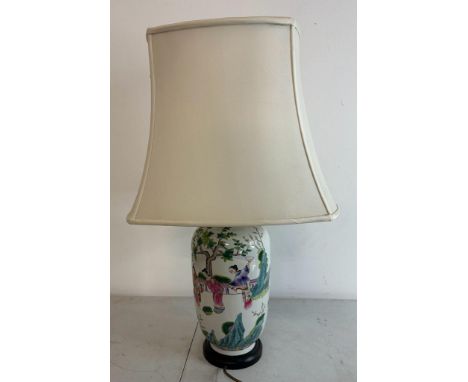 A Japanese ceramic vase table lamp decorated with Geisha girls and cherry blossom trees 