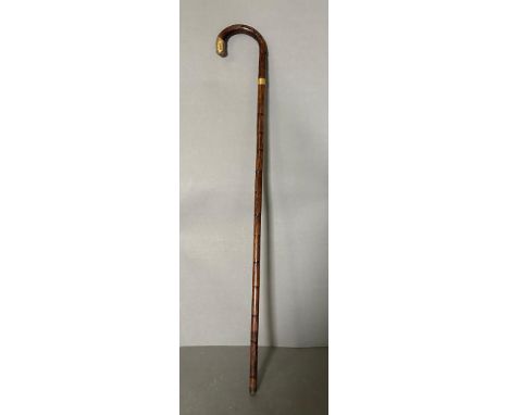 A vintage bamboo walking cane with 18ct rolled hold handle tip 