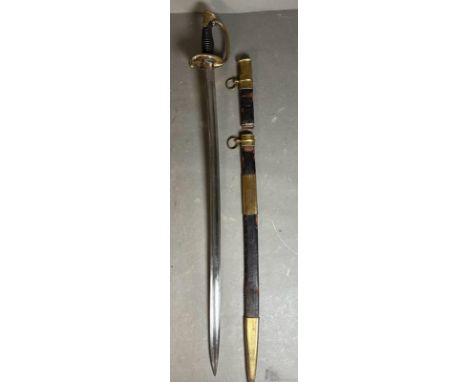 A French Louis phillippe Officers infantry sword. Brass mounting, short tailed cap bordered with laurel leaves and the bow en