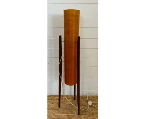 A Mid Century floor standing teak rocket lamp with orange spur fibre glass shade )H113cm)