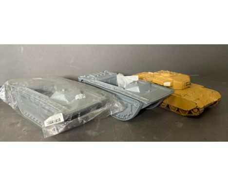 A Britain's toy tank and two plastic model kit troop transporter unpainted chassis AF