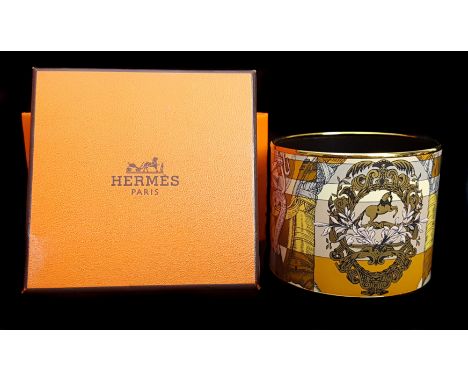 Hermes- A Della Cavalleria pattern wide enamel cuff bracelet, printed design of equestrian subjects, original bag, box and pa