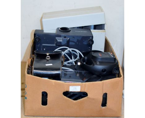 A BOX CONTAINING A VINTAGE CAMERA, AN AGFA MOVIEMATIC CAMERA, VOIGTLANDER PROJECTOR ETC    