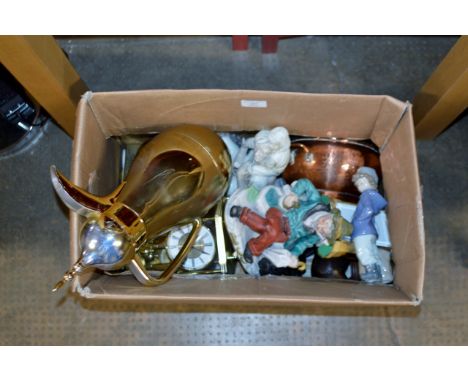 A BOX WITH NAO FIGURINE ORNAMENT, VARIOUS OTHER FIGURINE ORNAMENTS, EASTERN COFFEE POT, VARIOUS CLOCKS ETC    