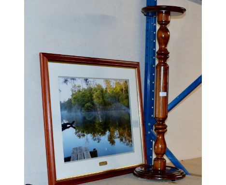 A MAHOGANY PLANT STAND &amp; FRAMED PRINT    