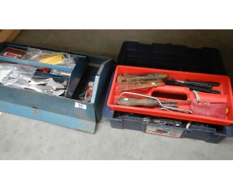 A vintage Talco metal tool box and one other, both containing tools.
