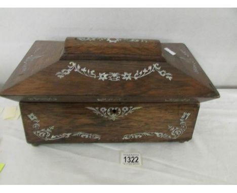 A mother of pearl inlaid tea caddy, missing glass mixing bowl.