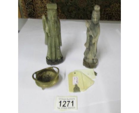 A brass censor, 2 soapstone figures and ivory dance cards.